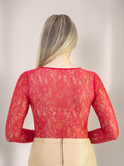 Body Liage Renda Manga Comprida com Transparência Vermelho