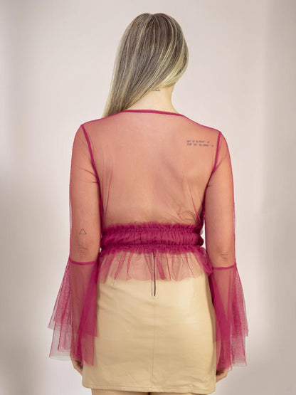 Cropped Liage Manga Comprida Decote V Transparencia Botões Dourado Tule Vinho Marsala