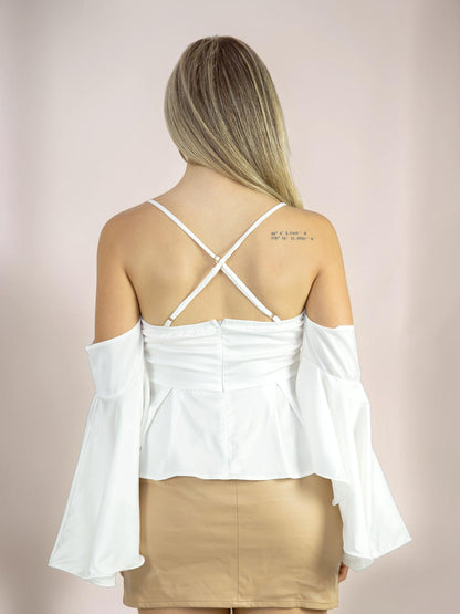 Blusa Cropped Liage Manga Flare Alça Alcinha Decote Cetim Branco Off-White