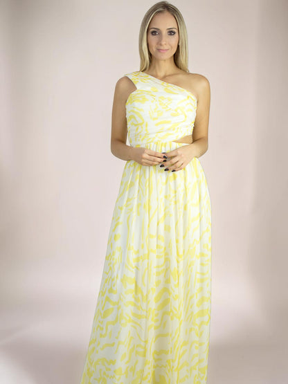 Vestido Longo Liage Um Ombro Estampado Transparência Tela Recorte Telinha Amarelo Branco Off-White