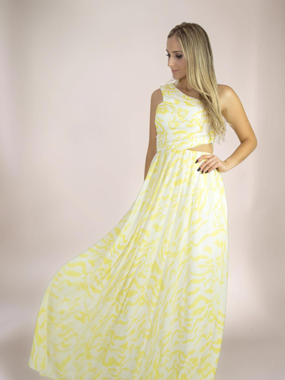 Vestido Longo Liage Um Ombro Estampado Transparência Tela Recorte Telinha Amarelo Branco Off-White