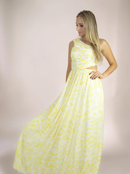 Vestido Longo Liage Um Ombro Estampado Transparência Tela Recorte Telinha Amarelo Branco Off-White