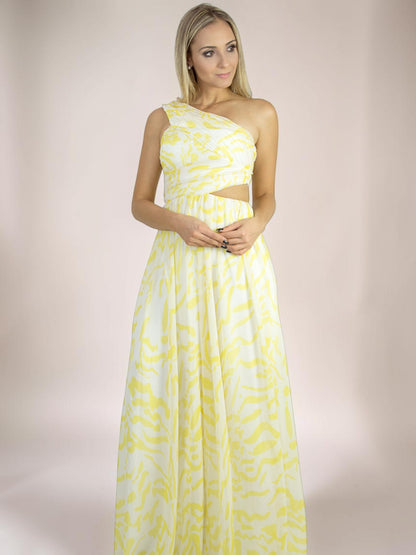 Vestido Longo Liage Um Ombro Estampado Transparência Tela Recorte Telinha Amarelo Branco Off-White