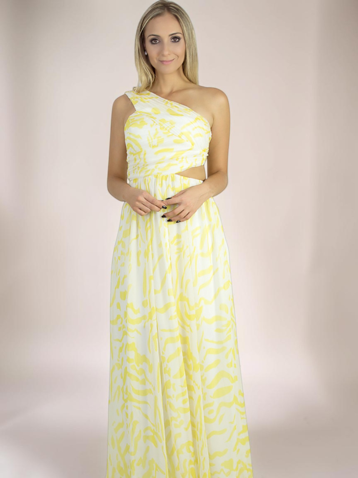 Vestido Longo Liage Um Ombro Estampado Transparência Tela Recorte Telinha Amarelo Branco Off-White