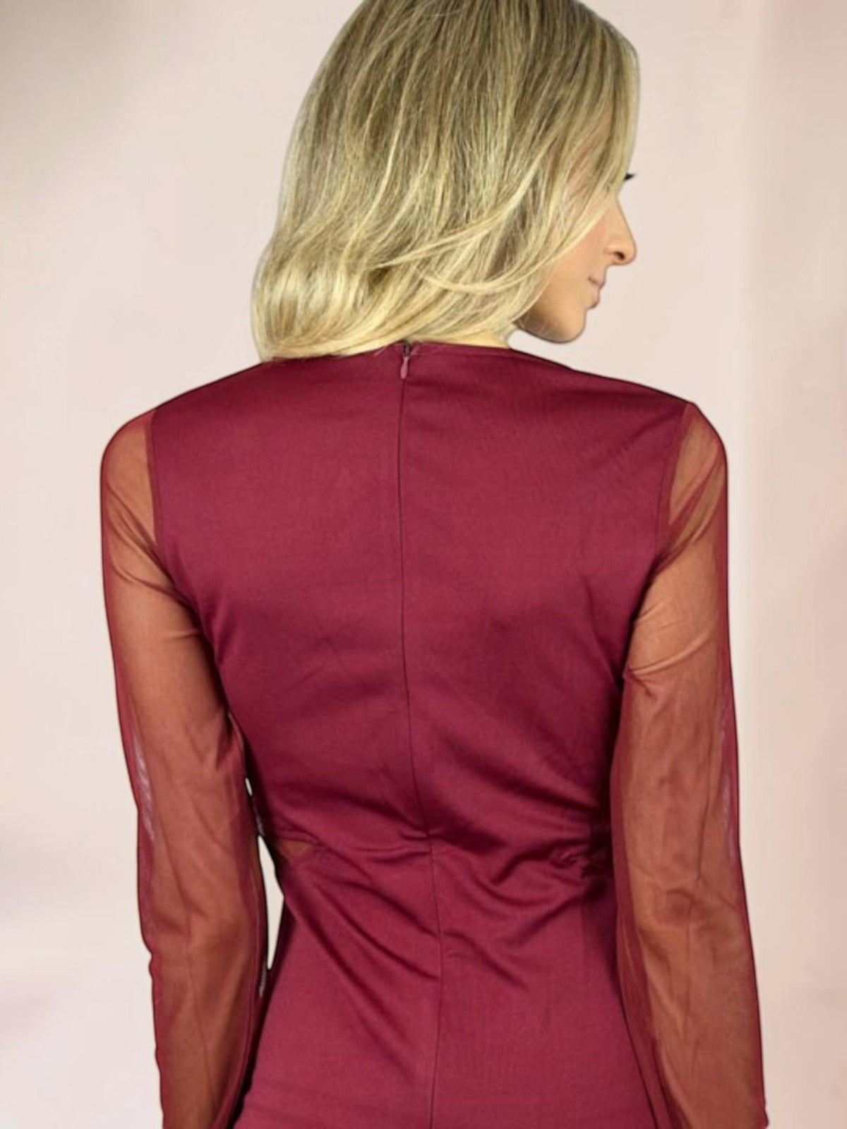 Vestido Liage Curto Liso Manga Comprida Transparência Tule Recortes Vinho