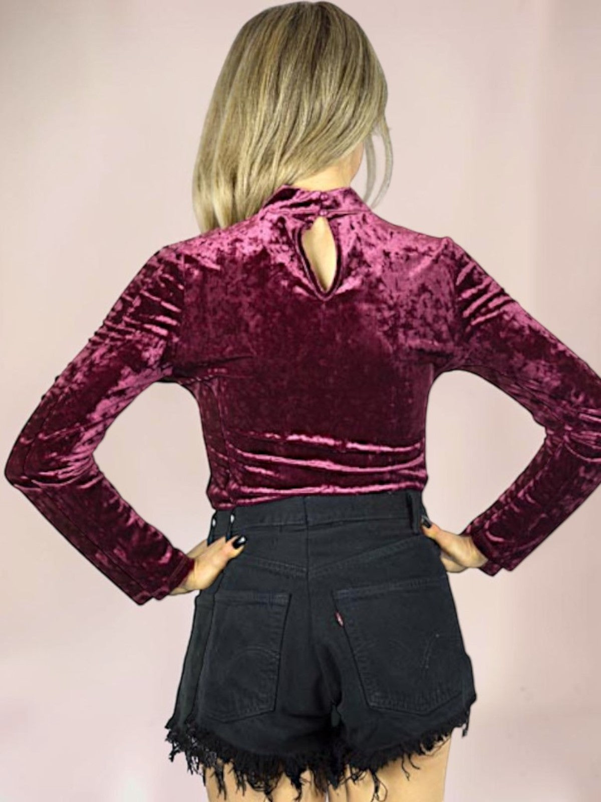 Body Liage Manga Comprida Decote Detalhe Chocker Veludo Roxo Uva