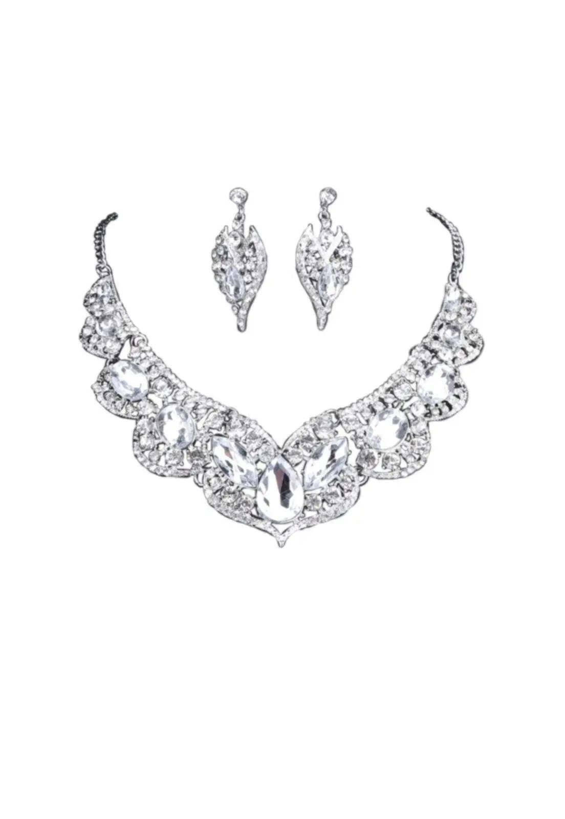 Conjunto Brinco e Colar Festa Liage Pedraria Pedras Cristais Strass Branco e Metal Prata