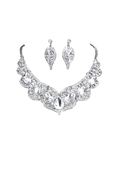 Conjunto Brinco e Colar Festa Liage Pedraria Pedras Cristais Strass Branco e Metal Prata