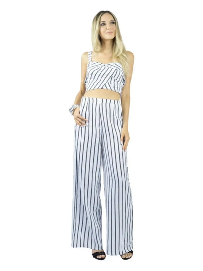 Conjunto Calça e Cropped Alça Liage Listrado Listra Fina Branco e Preto