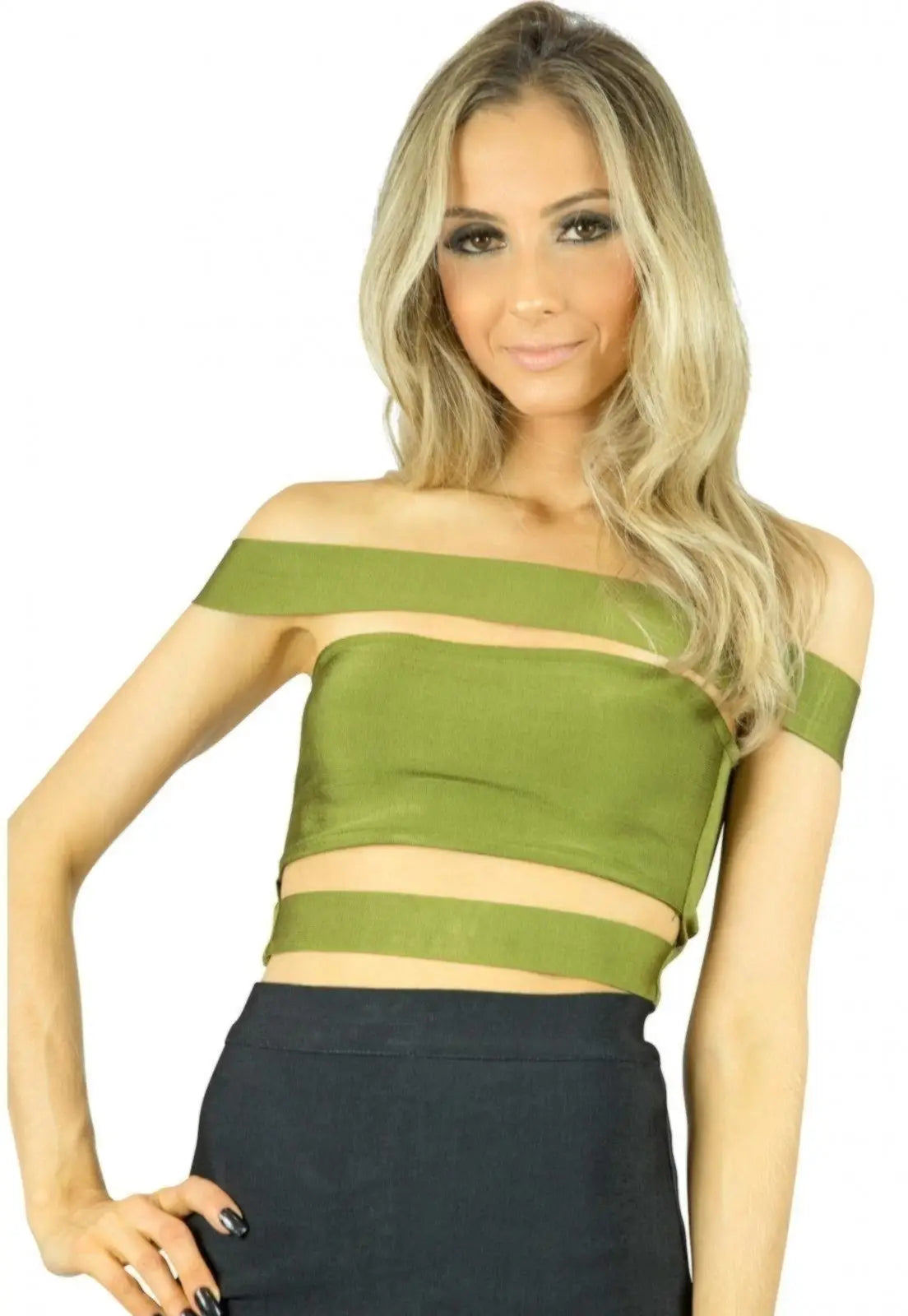 Cropped Liage Bandagem Bandage Ombro a Ombro Verde Escuro Militar