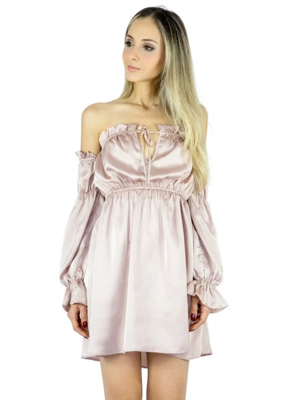Vestido Liage Curto Ombro a Ombro Manga Comprida Cetim Rosa Claro/ Rosa Antigo Cintilante